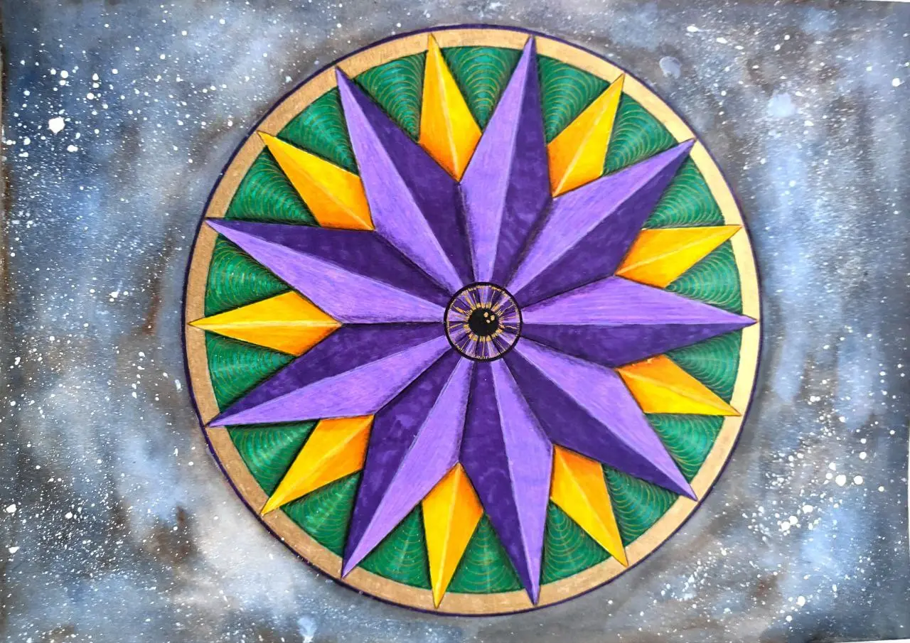 Mandala Estrella Cósmica - Diseño geométrico con forma de estrella en tonos azules y dorados